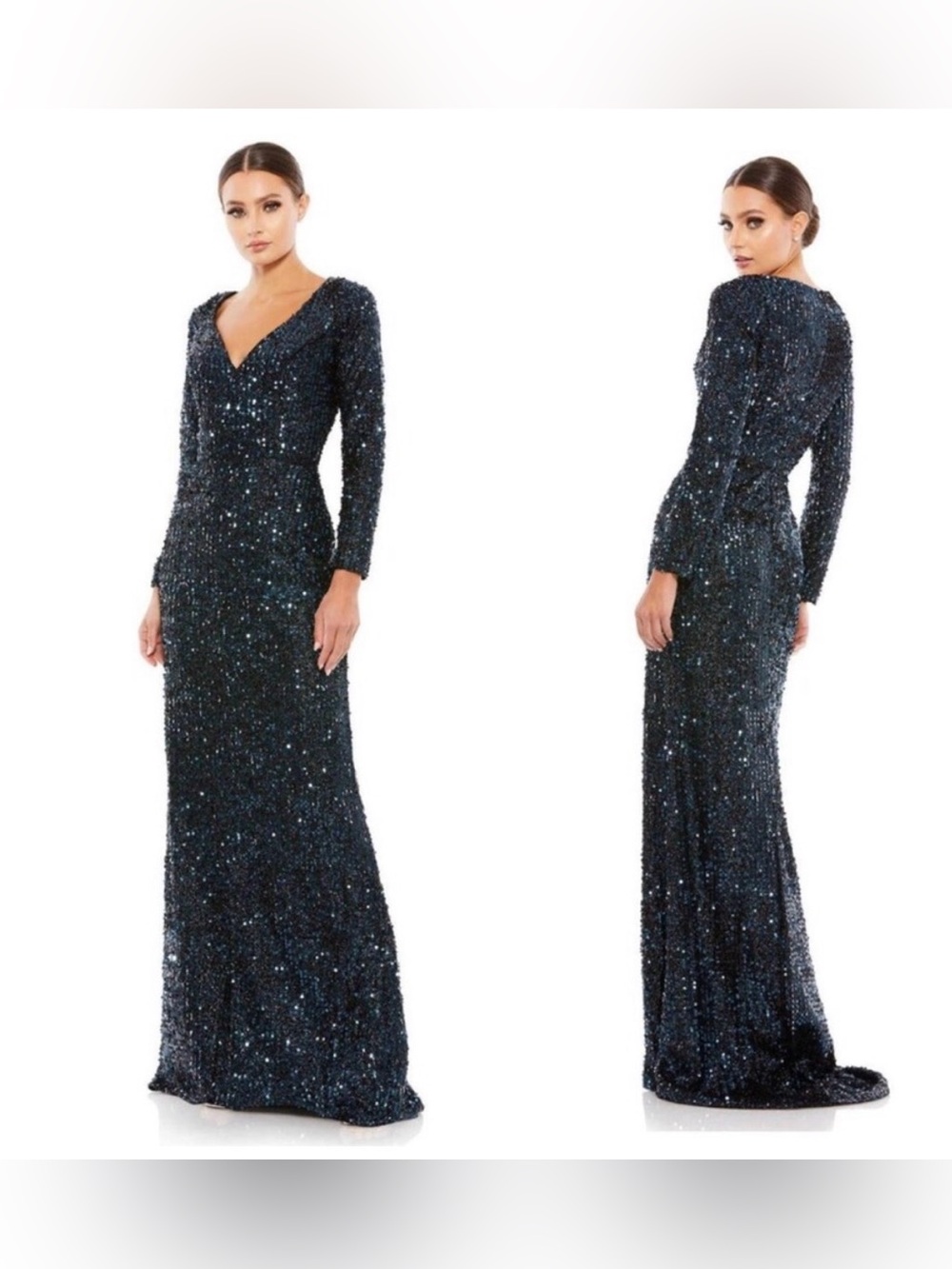 MAC DUGGAL 26445 Long Sleeve V-Neck Sequin Evening Gown - Navy Sz 16